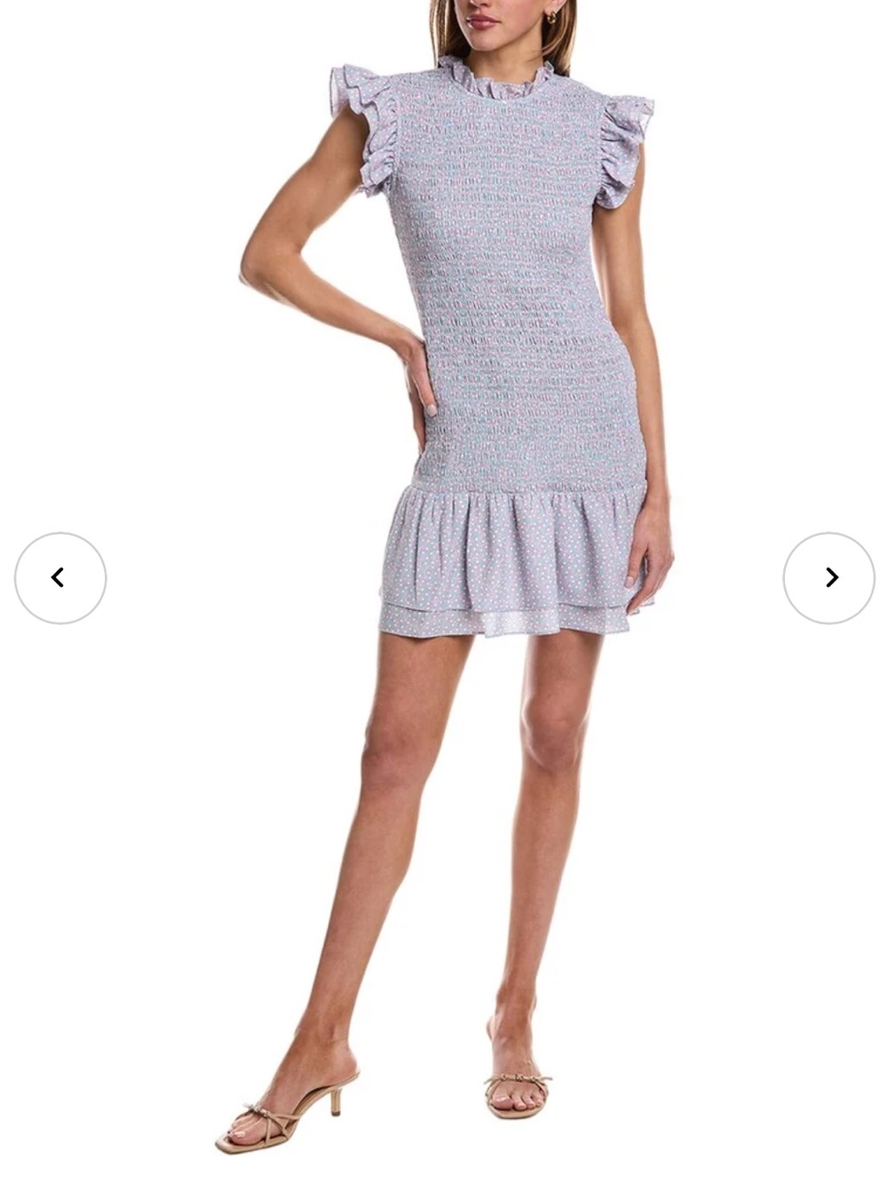 French Connection Elao Verona Pastel Pink and Lavender Smocked Ruffle Mini Dress